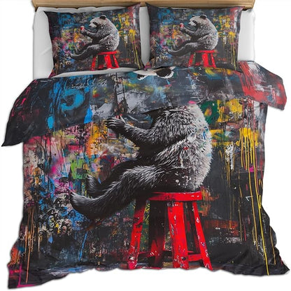 Panda Duvet Cover California King, Street Graffiti Panda Bedding Set 3 Piece Bedroom Decor Fun Colorful Comforter Cover and 2 Pillow Sham with Zipper Closure