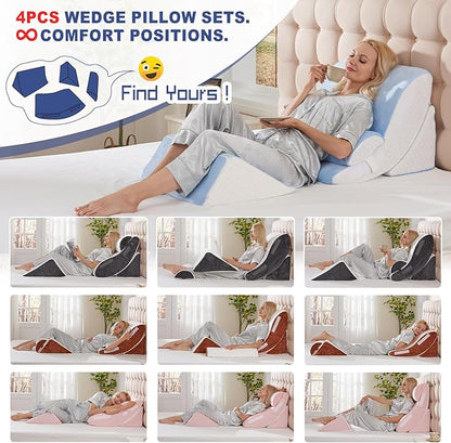 4PCS Bed Wedge Pillow for Sleeping and Sitting Up, Orthopedic Memory Foam Pillow Set for Back Pain, Post Surgery Recovery, Acid Reflux, GERD Relief, Triangle Shape, Blue White