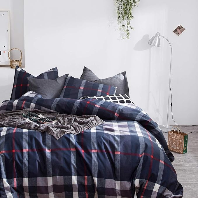 Wellboo Blue Twin Comforter Sets - Navy Blue Plaid Bedding Comforters with Geometric Tartan Quilts and Buffalo Check Warm Quilts - Down Alternative Comforters