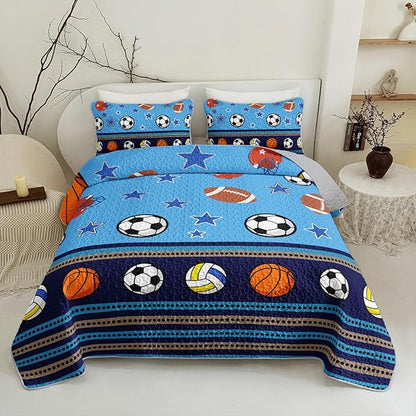 QOOMO Sports Quilt Set King Size,Basketball Bedspread Coverlet Set,Baseball 3Pcs Bedding Set Printed Quilt with 2 Pillowcases,Soft and Lightweight,for All Seasons