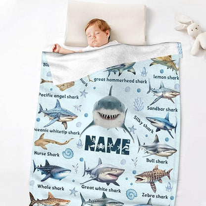 Personalized Baby Blanket for Girls Boys Custom Shark Ocean Custom Baby Blanket with Name Swaddle Blanket for Toddlers Infants Kids Shower Newborns Nursery Stroller Crib Decor Throw Birthday Gift