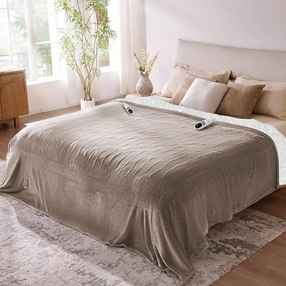 Electric Blanket King- Soft Heating Blanket, Dual Control & 9 Heat Levels, 10H Timer, Soft Flannel to Sherpa, Fast Heating Electric Throw, Machine Washable, Gift for Mom, Dad, 90"x100" Camel