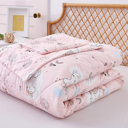 JSD Pink Unicorn Kids Comforter Set Twin Size, 2 Piece Girls Rainbow Microfiber Comforter with Pillow Sham, Lightweight All Season Washable