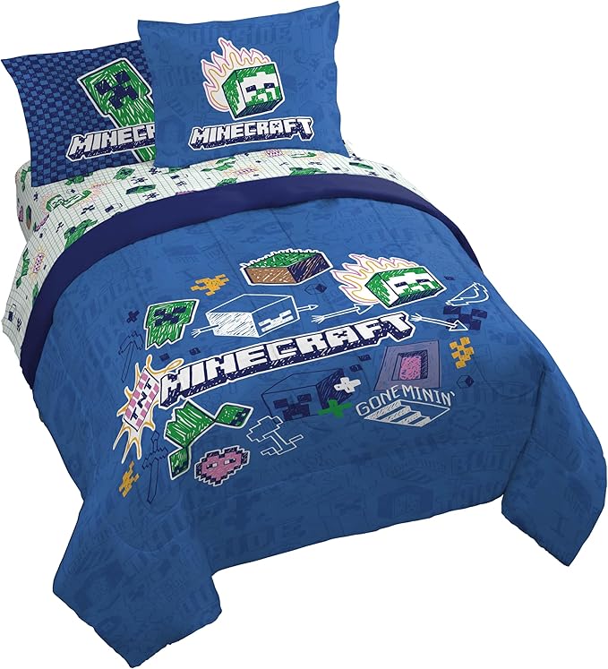 Jay Franco Kids Comforter Set Includes Sheets and Pillow Covers - Soft and Cozy Bed Set for Stylish Room Decor, Blue - Minecraft 02, 7 Piece Queen Bedding
