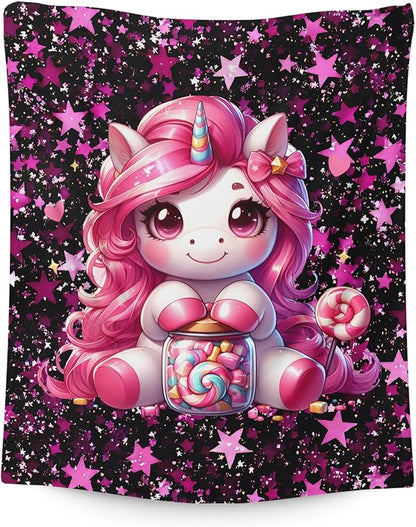 Unicorn Blanket for Gift, Kids Girls Blankets, Pink Cozy Soft 50 x 40 Inches Flannel Throws for Bed Travel Sofa Living Room
