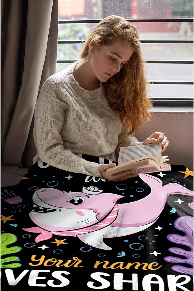 Custom Just A Girl Who Loves Sharks Blankets Gifts for Kids Adult On Bed Sofa,Personalized Premium Flannel Blankets for Birthday Christmas Thanksgiving All Season Use 50''x 60'' -M