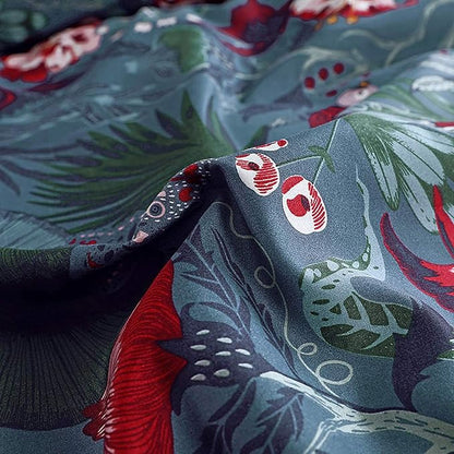 Floral Duvet Cover King Size Striped Green Botanical Bedding Set with Red Flower 3 Pieces Palm Leaf Soft Microfiber Reversible Duvet Cover Set for Men Women