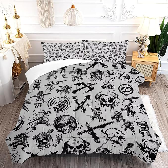 Grey Boys Comforter Set Twin: Nautical Pirates Skull Bedding Set for Boys Kids Men Teen Bed Bedroom Dorm Gaming Samurai Ninjas Quilt 1 Comforter + 1 Pillow Case