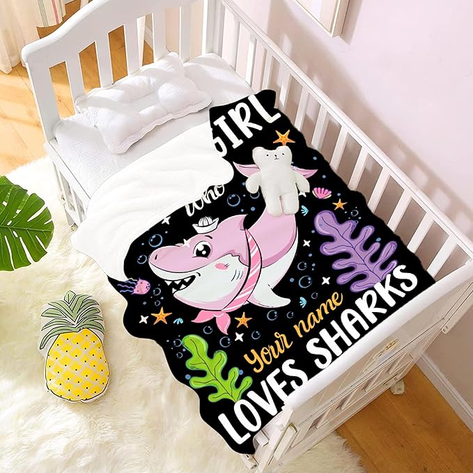 Custom Just A Girl Who Loves Sharks Blankets Gifts for Kids Adult On Bed Sofa,Personalized Premium Flannel Blankets for Birthday Christmas Thanksgiving All Season Use 30''x 40'' -XS