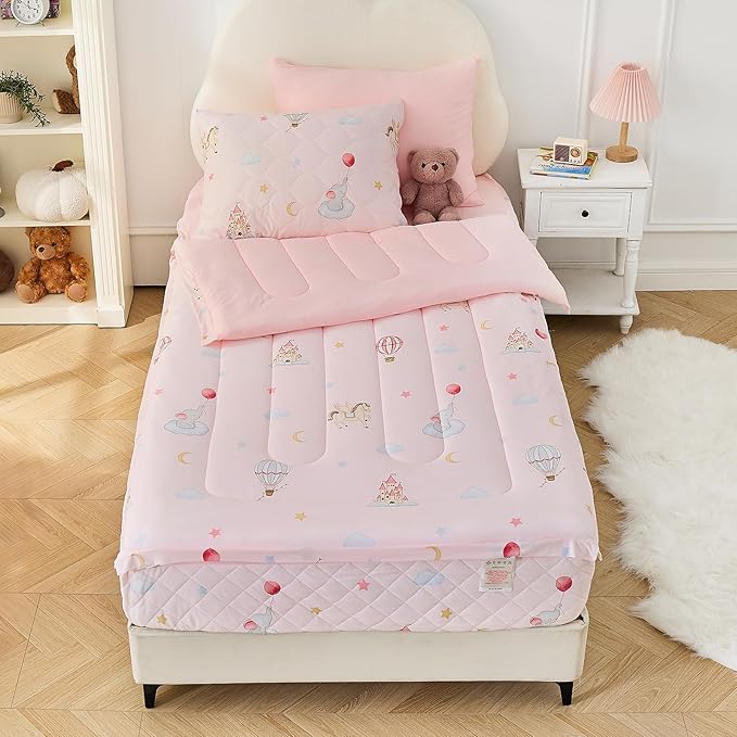 Bestier Twin Size 4Pcs Kids Comforter Sets, Zipper Bedding Set for Girls, Kids Bedding Set Cartoon Comforter for Kid, Zipper Bedding Certified - OEKO-TEX100, (Light Pink, Twin, 39"x75")