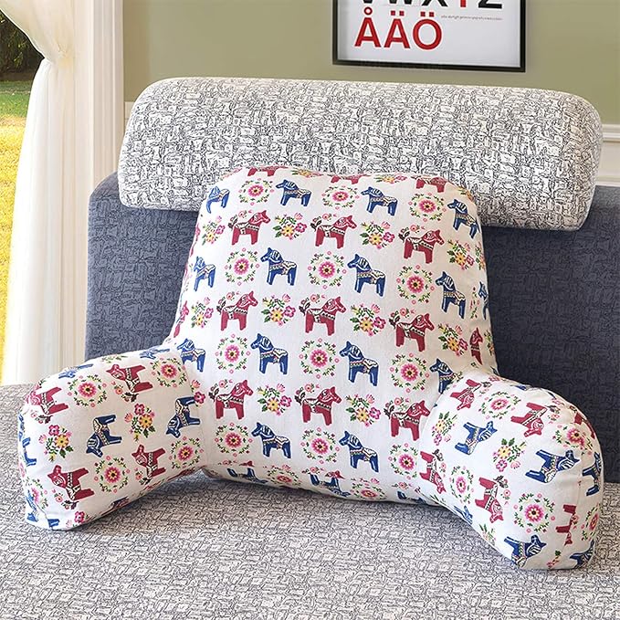 Bohemian Printed Reading Pillow with Support Arms Soft Bed Rest Pillows Back Support Cushion for Kids Reading Watching TV Sitting Up in Bed (23"×16"×10",Horse)