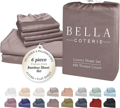 Bella Coterie 6 Piece Luxury Bamboo Viscose Queen Size Sheet Set | 100% Organically Grown | Cooling for Hot Sleepers | 18" Deep Pocket | Soft & Hypoallergenic | 4 Pillowcases [Mocha]