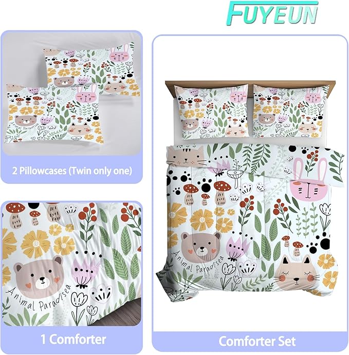 Cartoon Cat Comforter Set Queen Size Floral Bedding for Teen Girls Boys Women Green Animals Print Bedroom Quilt 1 Comforter + 2 Pillow Cases
