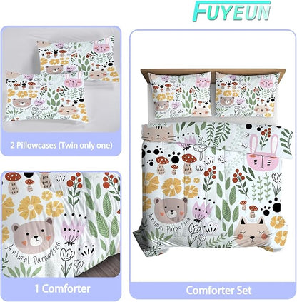 Floral Cat Bedding Full Size Cartoon Cats Comforter Set for Girls Boys Kids Teen Children Green Animals Print Bedroom Dorm Quilt 1 Comforter + 2 Pillow Cases
