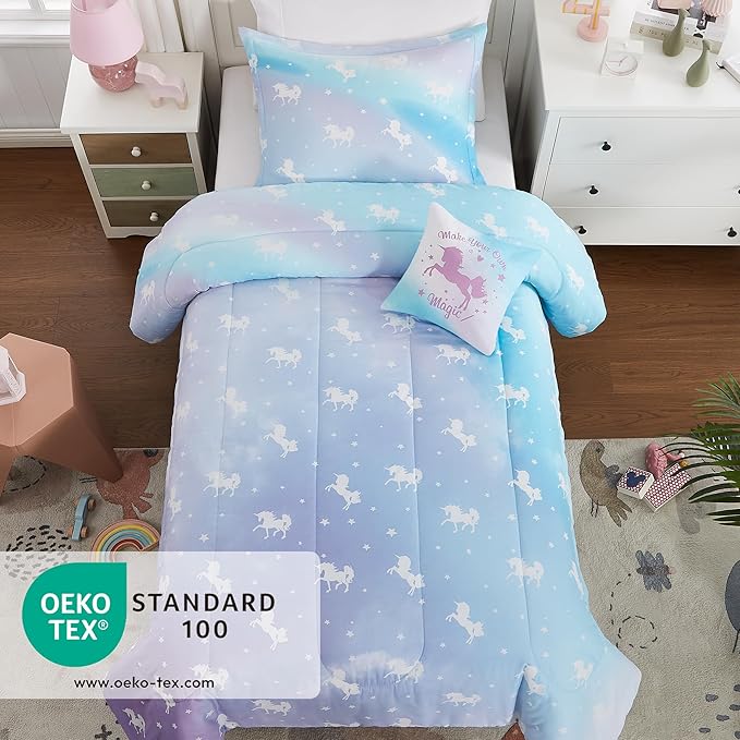 Kids Comforter Set Full Size for Girls, Glow in The Dark Unicorn Bedding Set 1 Comforter, 1 Decor Pillow, 2 Pillow Shams