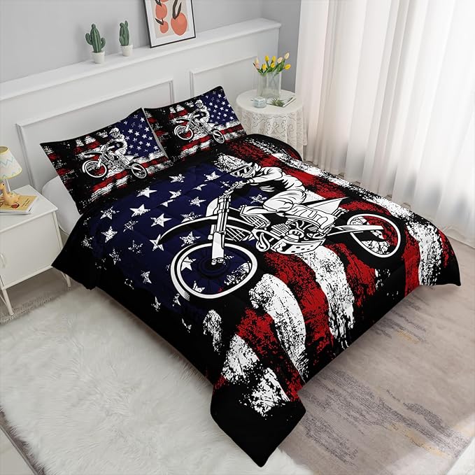 Axolotl Dirt Bike Comforter Set Twin, American Flag Bedding Set, Motocross Comforter,White Red Stripes Stars Bedding, Motorcycle Racer Quilt for Boys Kids Teens Men, 1 Dirt Bike Quilt 2 Pillowcases