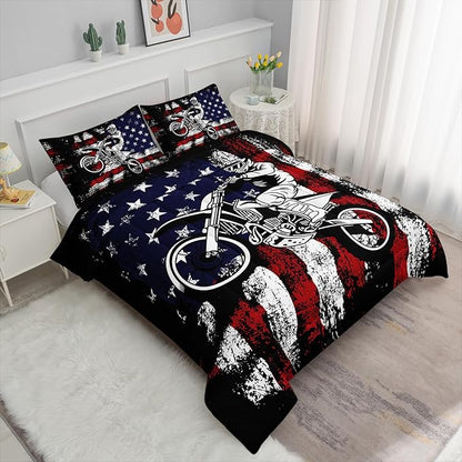 Axolotl Dirt Bike Comforter Set Twin, American Flag Bedding Set, Motocross Comforter,White Red Stripes Stars Bedding, Motorcycle Racer Quilt for Boys Kids Teens Men, 1 Dirt Bike Quilt 2 Pillowcases