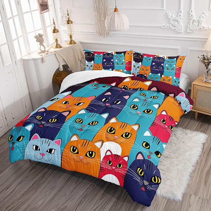 Axolotl Cartoon Cat Comforter Set King Size,Cute Colorful Cat Bedding Set for Kids Boys Girls,Cats Animal Comforter,Kids Bedding for Adults Teens Room Decor,All Season,1 Duvet 2 Pillow Cases
