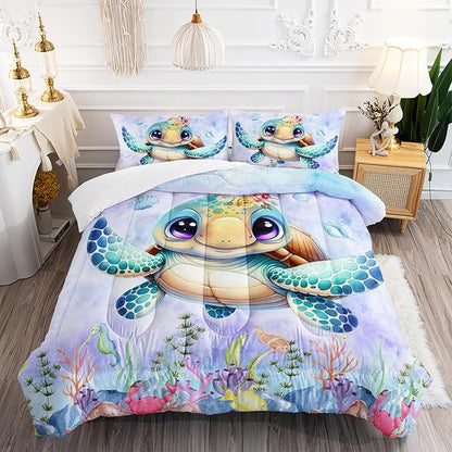 Turtle Bedding Set 3pcs Twin Ocean Life Shell Comforter Set Kid Fish Crab Bedding Set for Boy Girl Watercolor Tortoise Seaweed Theme Pattern Quilt Bed Set with 1 Comforter and 2 Pillowcases