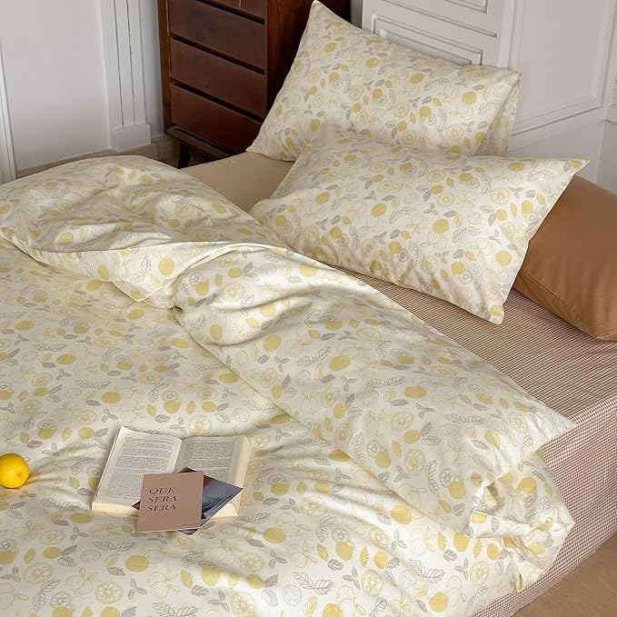 AOJIM Aesthetic Fruit Pattern Duvet Cover Set for Kids Adults, Super Soft 100% Cotton Comforter Cover Set 3pcs, 1 Yellow Lemon Quilt Cover King Size and 2 Matching Pillowcases for Room Decor, No Quilt
