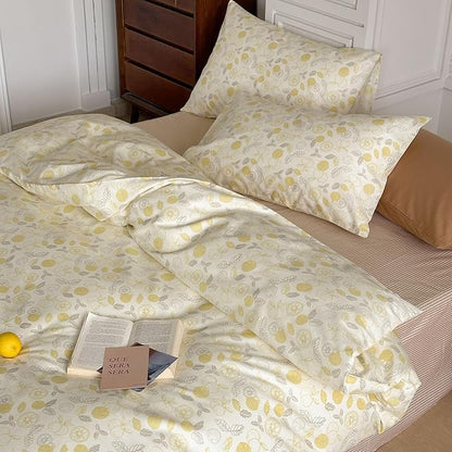 AOJIM Aesthetic Fruit Pattern Duvet Cover Set for Kids Adults, Super Soft 100% Cotton Comforter Cover Set 3pcs, 1 Yellow Lemon Quilt Cover King Size and 2 Matching Pillowcases for Room Decor, No Quilt
