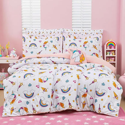 Mooreeke Bed in a Bag for Kids Girls Teens, 6 Pieces Twin Size Comforter Bed Set with Shams, Sheet Set and Decorative Toy Pillow, Unicorn Rainbow Super Soft Microfiber Kids Bedding Set