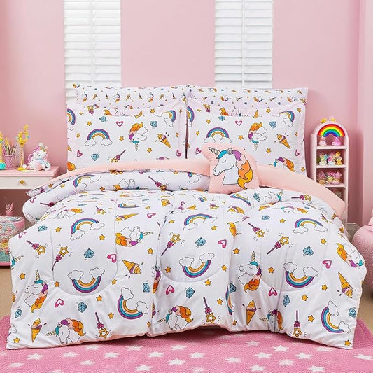 Mooreeke Bed in a Bag for Kids Girls Teens, 6 Pieces Twin Size Comforter Bed Set with Shams, Sheet Set and Decorative Toy Pillow, Unicorn Rainbow Super Soft Microfiber Kids Bedding Set