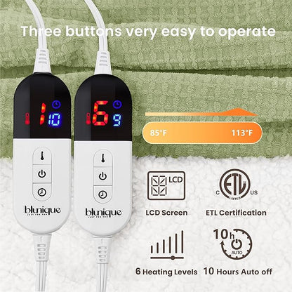 Heated Blanket Electric Blanket Queen Waffle, 84x90 Inches Dual Controllers Sherpa Fleece Fast Heating Blanket 6 Heating Levels & 10 Hours Auto Off ETL Certification, Sage Queen