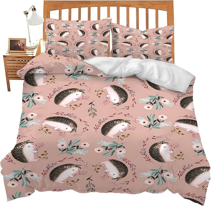 Hedgehog Theme 3 Pieces Duvet Cover Comforter Set with 2 Pillowcase Queen Size Hedgehog Flower Bed Sheet Quilt Bedroom Bedding for Lover Kids