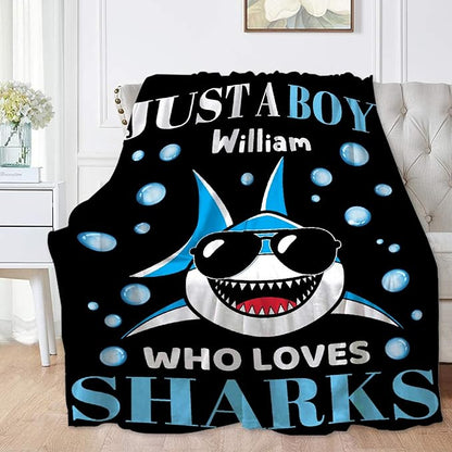 Custom Just A Boy Who Loves Sharks Blankets Gifts for Kids Adult On Bed Sofa,Personalized Premium Flannel Blankets for Birthday Christmas Thanksgiving All Season Use 50''x 60'' -M