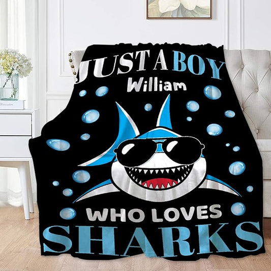 Custom Just A Boy Who Loves Sharks Blankets Gifts for Kids Adult On Bed Sofa,Personalized Premium Flannel Blankets for Birthday Christmas Thanksgiving All Season Use 50''x 60'' -M