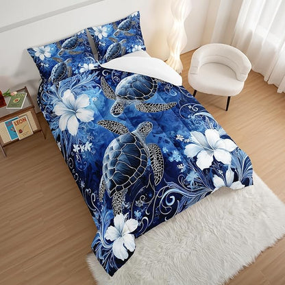 HOSIMA Sea Turtle King Size Comforter,Sea Turtles Surrounded by Flowers Print Coastal Bedding for Kids Girls Boys Room Decor,Stems Leaves Pattern Lightweight Ocean Themed Bedding with 2 Pillowcases.