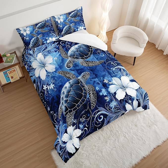HOSIMA Sea Turtle Twin Comforter Set,Sea Turtles Surrounded by Flowers Print Coastal Bedding for Kids Girls Boys Room Decor,Stems Leaves Pattern Lightweight Ocean Themed Bedding with 2 Pillowcases.