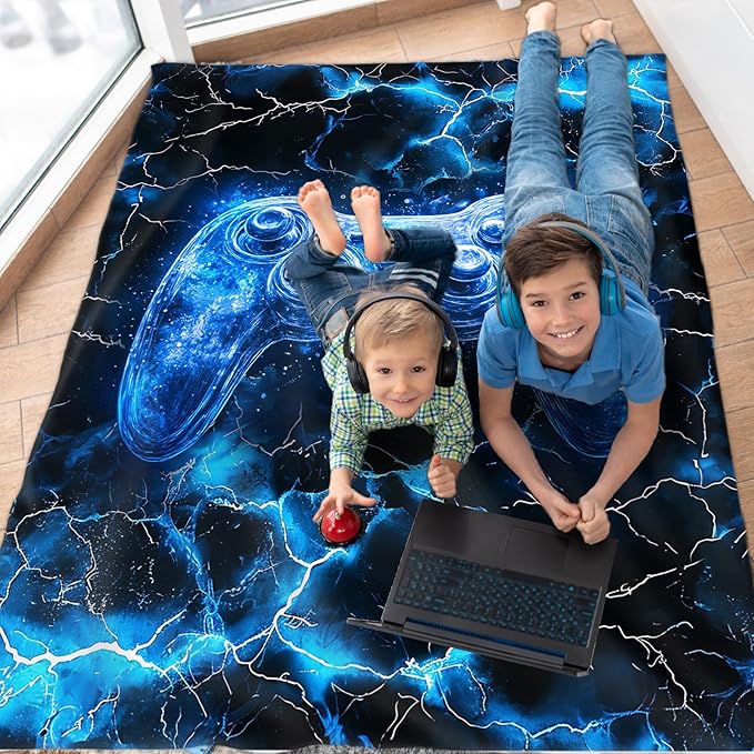 Boys Throw Blanket Gamer Blanket for Boys Teen Gift for Son Grandson, Blue Fuzzy Cozy Soft Flannel 60 x 50 Inches Throws for Sofa Office Trip Club