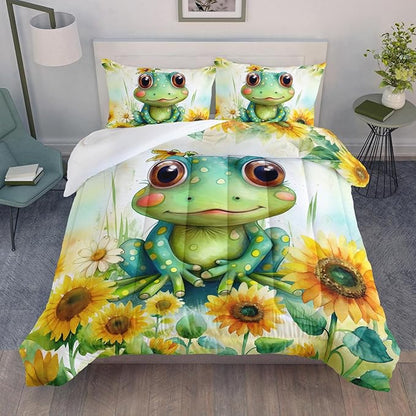 Cartoon Green Frog Bedding Set 3Pcs Yellow Sunflower Comforter Queen Colorful Floral Botanical Pattern Quilt Set for Kids Teens Girls Boys Bed Decor Set with 1 Comforter and 2 Pillowcases