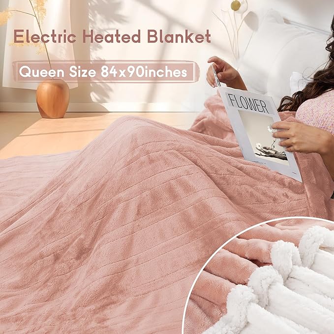 Heated Electric Blanket Queen Size 84''x90'', Dual Controller Soft Flannel with 6 Heat Settings 1-10 Hour Auto Off Large Blanket for Bed - Cozy Pink