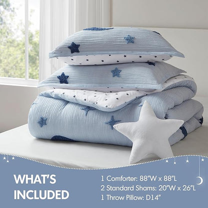 Intelligent Design Kids Cosmos Full Size Comforter Set – Blue Star and Moon Tufted Chenille, Reversible 4-Piece Bedding with Star Pillow, Full/Queen