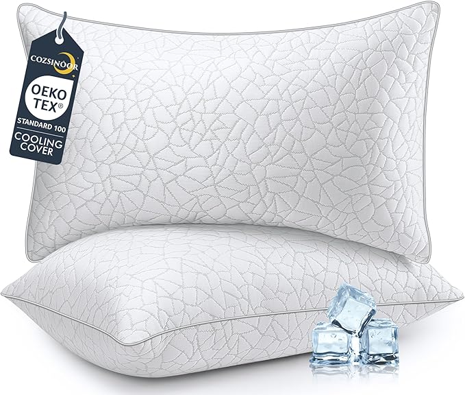 COZSINOOR Standard Size Cooling Bed Pillows - Breathable Premium Down Alternative Pillows Set of 2 for Side, Back, and Stomach Sleepers Hotel Quality Fluffy Soft Microfiber Fill Skin-Friendly