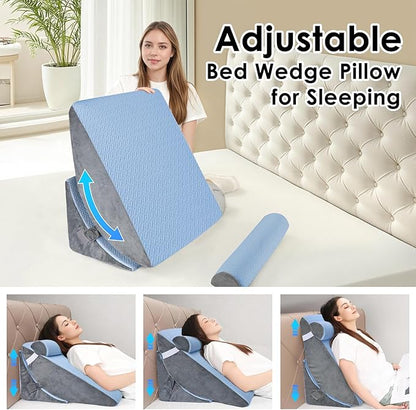 Bed Wedge Pillow for Sleeping, 3PCS Wedge Pillow Set for After Surgery, Adjustable 7 &12 inch Pillow Wedges for Acid Reflux Relief, Back Pain Relief, Sleep Apnea, Sitting Up, Headboard(Blue/Grey)