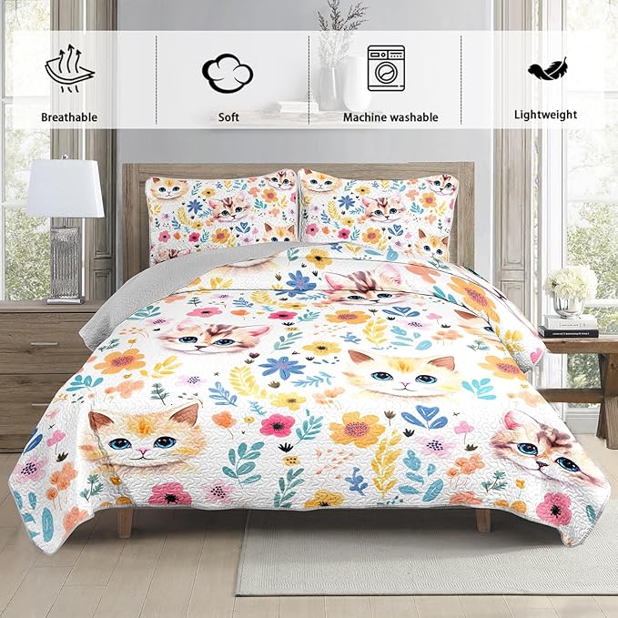 Kawaii Cat Quilt Set,Orange Cat Flowers Pattern Bed Set for Toddler Kids Girls Room Decor,Cute Bedding Full Quilted Sets with 2 Pillowcases.