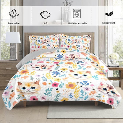 Kawaii Cat Quilt Set,Orange Cat Flowers Pattern Bed Set for Toddler Kids Girls Room Decor,Cute Bedding Twin Quilted Sets with 2 Pillowcases.