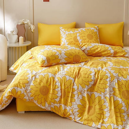 Wellboo Yellow Sunflower Comforter Sets Cal King Boho Yellow Floral Bedding Set California King Women Girls White and Yellow Botanical Quilt Summer Floral Comforter Large Flower Garden Bohemian Bed