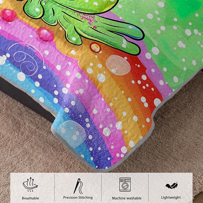 AILONEN Cartoon Frog Quilt Twin Size Bedding Set & 2 Pillowcases,Rainbow Bedspread Coverlet,3Pcs Kawaii Colorful Frog Quilt Set for Kids Boys Girls,All Season