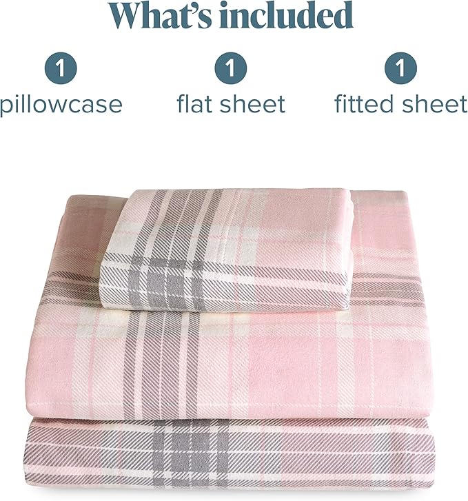 Bare Home Flannel Sheet Set Prints, 100% Cotton, Velvety Soft Heavyweight - Double Brushed Flannel - Deep Pocket (Twin, Aurora Plaid - Pink)
