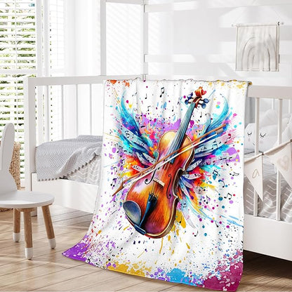 Music Blanket for Kids Teens Adults, 40x50 Inches Violin Throw Blanket Gifts for Women Girls Musician Music Enthusiast, Vintage Soft Fuzzy Flannel Music Themed Blanket Decor for Couch Sofa Bed