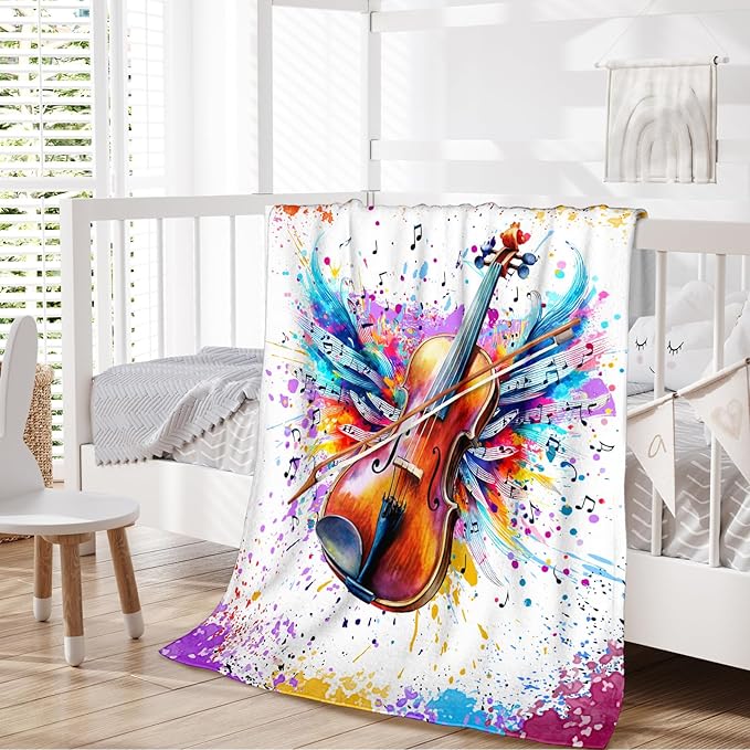 Music Blanket for Kids Teens Adults, 60x80 Inches Violin Throw Blanket Gifts for Women Girls Musician Music Enthusiast, Vintage Soft Fuzzy Flannel Music Themed Blanket Decor for Couch Sofa Bed