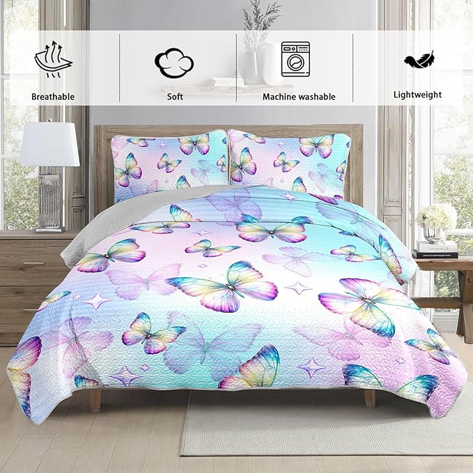 3-Piece Butterfly Quilt Set Full Size,Blue Butterfly Printed Bedding for Kids Teens Girls Room Decor,Soft Lightweight Quilted Quilt Sets with 2 Pillowcases.