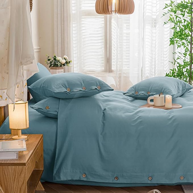 JELLYMONI Cotton Duvet Cover Queen Size - Grayish Blue Comforter Cover with Button 100% Washed Cotton 3PCS Breathable Soft Solid Bedding Set Duvet Cover 90×90in & 2 Pillowcases (NO Comforter)