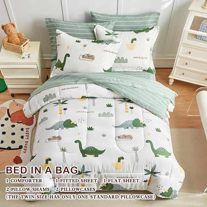 Joyreap Bed in a Bag Cotton, Dinosaur Theme Fresh Green, Twin Size 6-Piece Cotton Bedding Comforter Set for Kids Boys n Girls- 1 Comforter, 2 Pillow Shams, 1 Flat Sheet, 1 Fitted Sheet, 1 Pillowcase