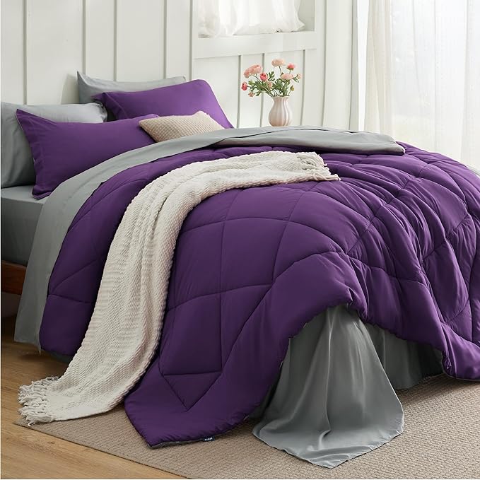 Bedsure King Size Comforter Set - 7 Pieces Reversible Purple Bedding, King Size Bed Set for All Seasons, Bed in a Bag with Down Alternative Comforter, Sheets, Pillowcases & Shams